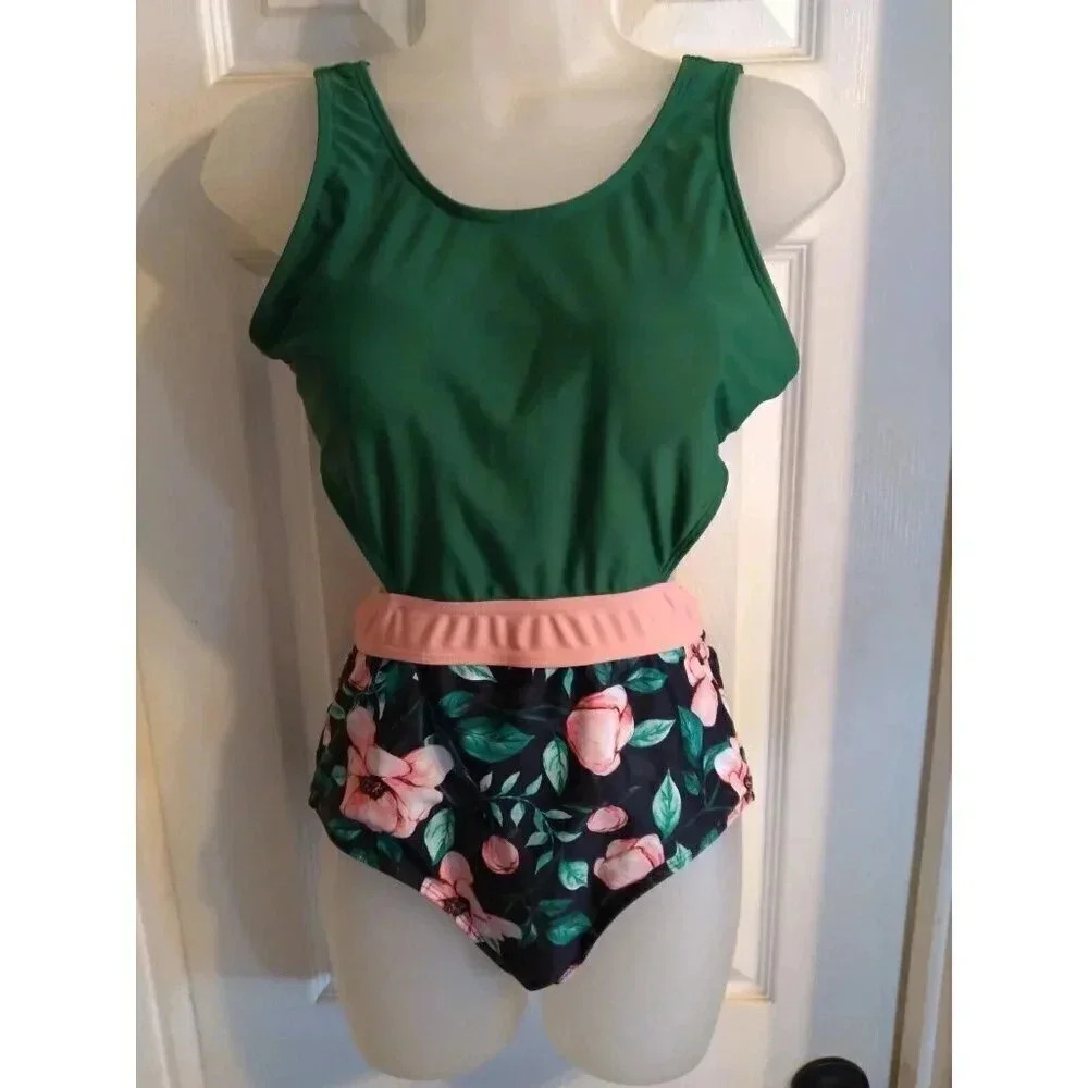 Pat Pat Swimsuit 1 Pc. Cut Out Tie Back Green Floral Sz M